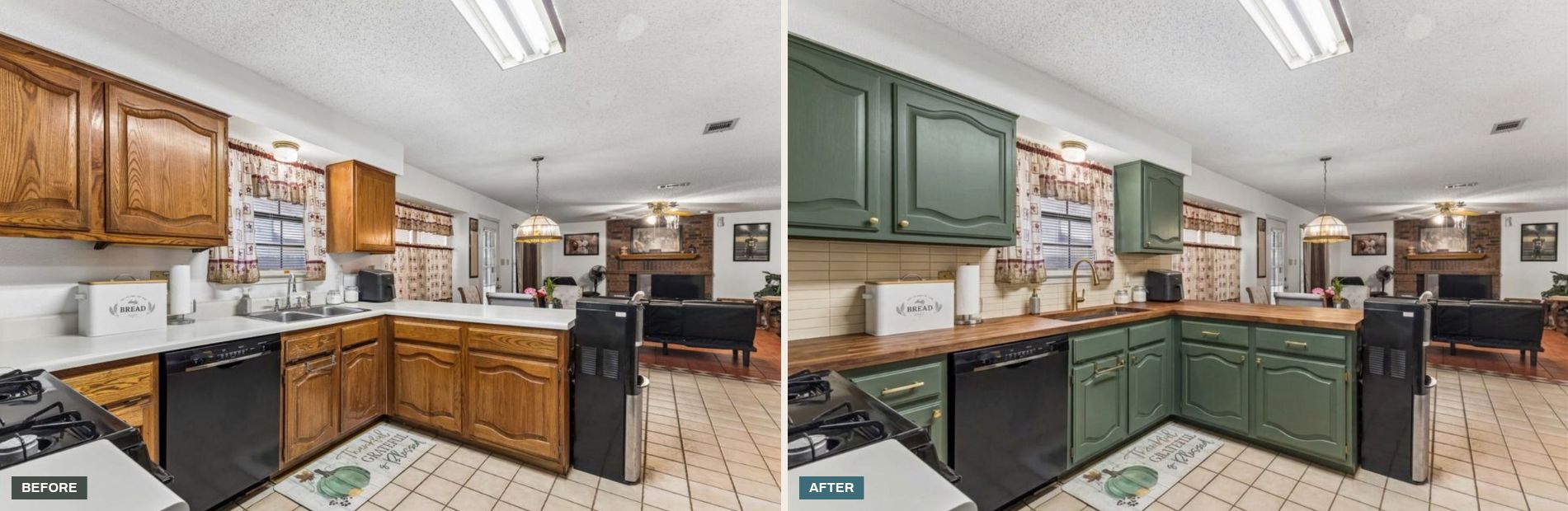 Look 2 on a peninsula kitchen, before and after